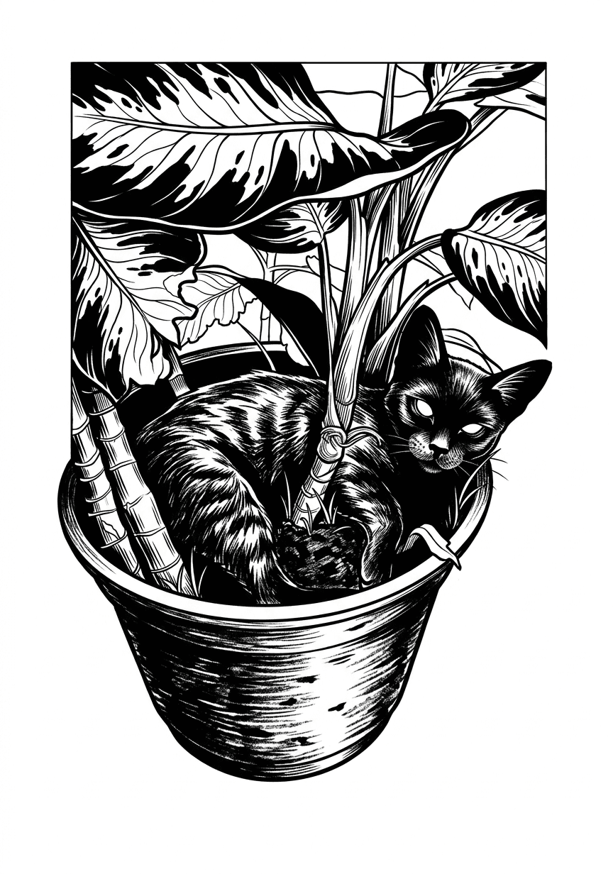 Gato Preto Dormindo na Planta